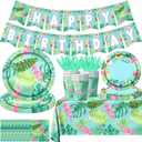 142Pcs Hawaiian Birthday Party Plates and Napkins Tropical Luau Party Decorations Palm Leaves Tableware for Summer Beach Birthday Hawaiian Luau Party Supplies
