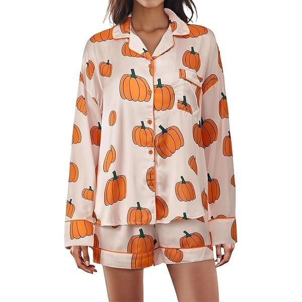 MBZJSDKHLK Women's Halloween Pajamas Set Silk Satin Ghost Pumpkin Print Long Sleeve Button Down Shirt 2 Piece Pjs Shorts Sets, Size M
