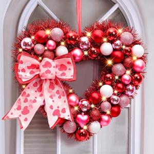 Alupssuc 14" Inch Valentine Heart Wreath with Bowknot and Lights by Battery Operated for Front Door Wall Windows Valentine's Day Wedding Party Romantic Decorations, Gifts for Her/Him/Women/Men, Red