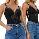 Popilush Lace Bodysuits for Women Corset Shapewear Tummy Control Body Suits V Neck Thong Underwired Outfits Side Zipper (M)