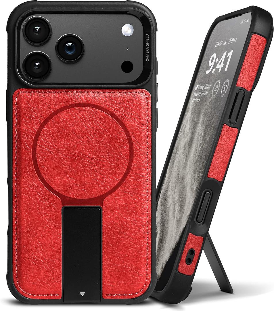 Strong Magnetic for iPhone 17 Pro Max Case Leather,[Compatible with MagSafe], Adjustable Kickstand, Shockproof Protective Cover for iPhone 17 Pro Max ，Red