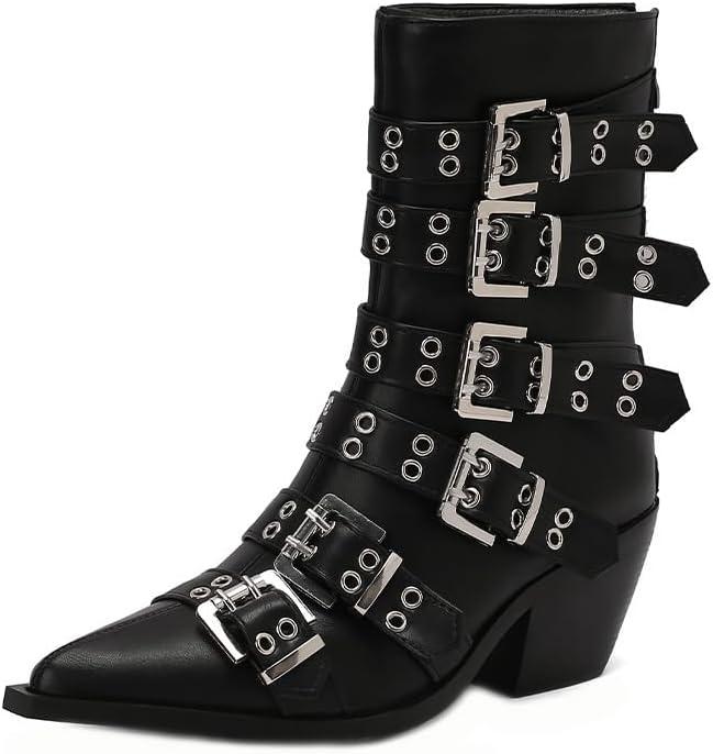 Women's Multi-Buckle Pointed Toe Ankle Boots 6.5cm Chunky Mid Block Heel Booties Size 6-12 US (Black Matte)