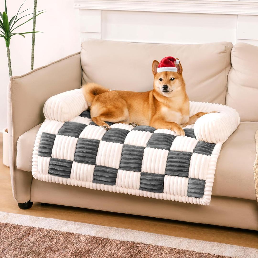 FUNNY FUZZY Pet Couch Covers for Sofa, Large Dog Couch Cover Bed Cream Square Plaid Washable Pet Mat for Furniture Protector Sofa Cover for Dogs, Large, Black
 (39.0"L x 33.5"W x 6.3"Th)