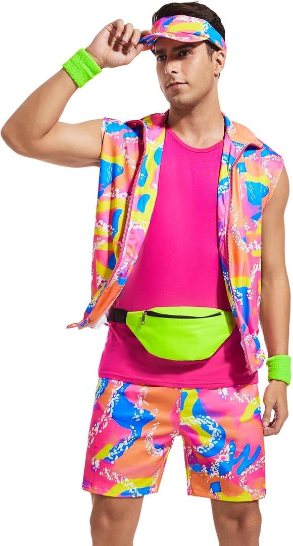6 Pieces 80s Workout Costume for Men Halloween Cosplay 80s 90s Workout Outfit Party Clothing for Adult Mens (Large, Pink)