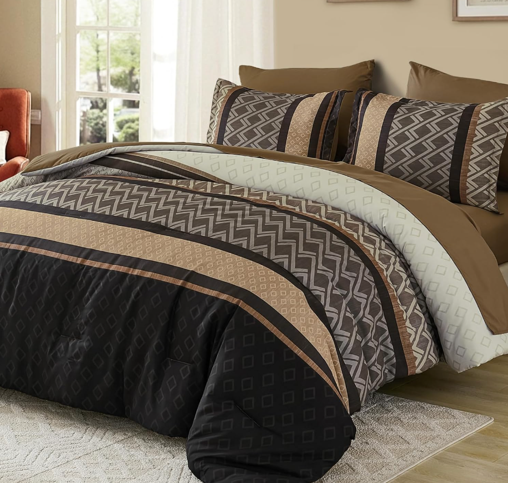 Cottolester Boho Comforter Set King Size,Red Brown Striped Bed in a Bag,Plaid Comforter and Sheet Set,Soft Microfiber Complete Bedding Sets