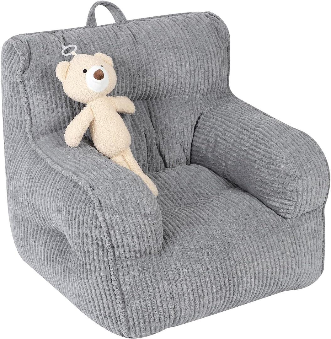 Kids Bean Bag Chair with a Plush Bear, Comfy Toddler Chair for Boys and Girls, Grey (23.62 inches x 23.62 inches x 21.2 inches)