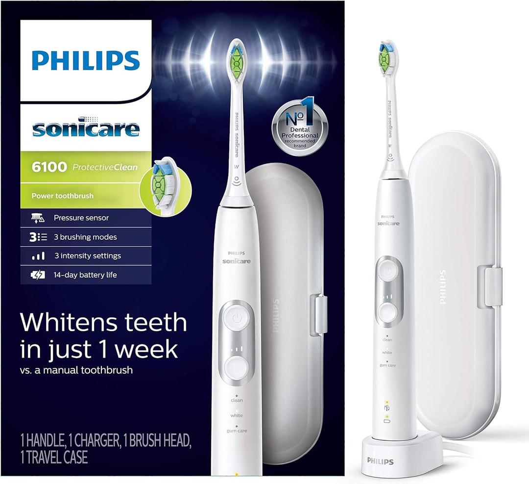 PHILIPS Sonicare ProtectiveClean 6100 Rechargeable Electric Toothbrush, with Pressure Sensor, 3 Cleaning Modes, SmarTimer and QuadPacer, 14-Day Battery Life, Travel Case, White, Model HX6877/21 (1 Count (Pack of 1))