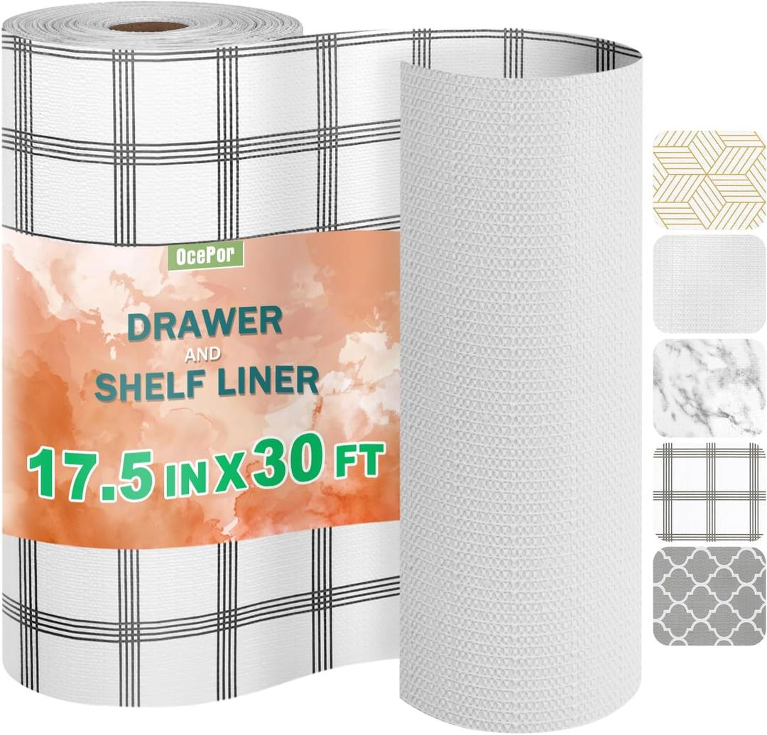 OcePor Non-Adhesive Drawer and Shelf Liner 17.5IN x 30FTNon Slip Cabinet and Cupboard Liner, Kitchen Cabinet Liners for Shelves, Waterproof Drawer Shelf Liners for Cabinets/Bathroom Cupboard, Stripe