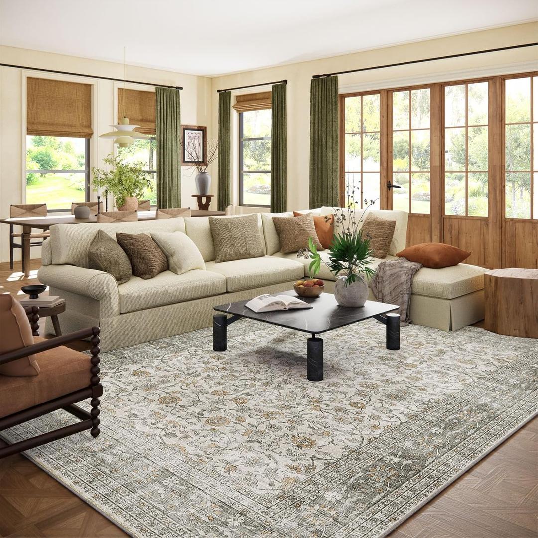 Machine Washable Rugs for Living Room: 8x10 Area Rugs for Bedroom Vintage Stain Resistant Non Slip Low Pile Soft Boho Carpet for Kitchen Dining Room Farmhouse Kids Room Nursery (Grey and Orange)