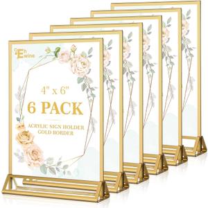EHWINE 6 Pack Acrylic Sign Holder 4 x 6, Double Sided Gold Picture Frame Stand up Table Top Sign Holders, Clear Display Stand Menu Flyer Holder for Wedding Party