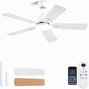 FUMLTP 42 inch Modern White Ceiling Fans with Lights APP/ Remote Control, Low Profile Reversible 6 Speeds Ceiling Fan Light for Indoor/ Outdoor Patio Bedroom Living Room
