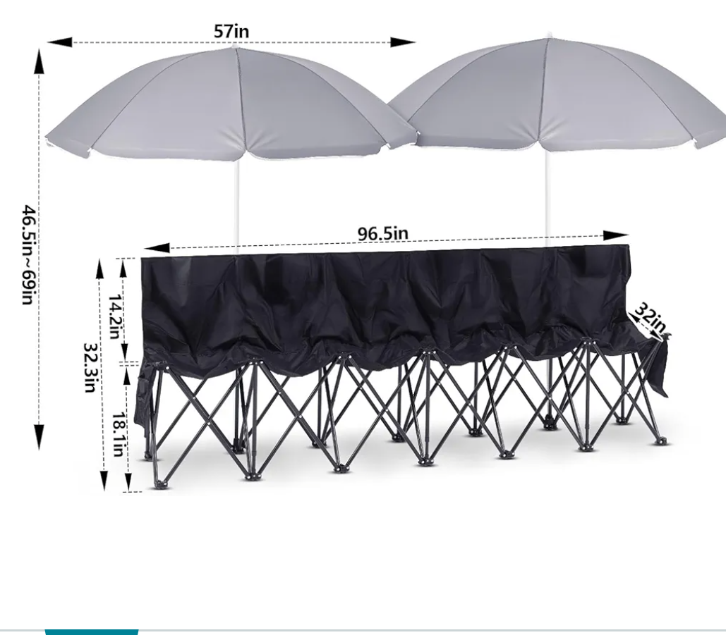 Folding Soccer Bench Chair Portable Team Sports Sideline Team Bench Seat with Umbrella for Football Camp Travel Events Outdoor Seating with Storage Bag, 