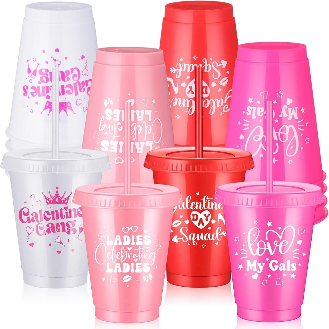 Yungyan 16 Pcs Galentine's Day Cups with Straw and Lid 16 oz Reusable Plastic Valentine's Day Hearts Cups Pink and Red Tumblers Gifts for Women Girlfriends Galentines Party Supplies Decorations
