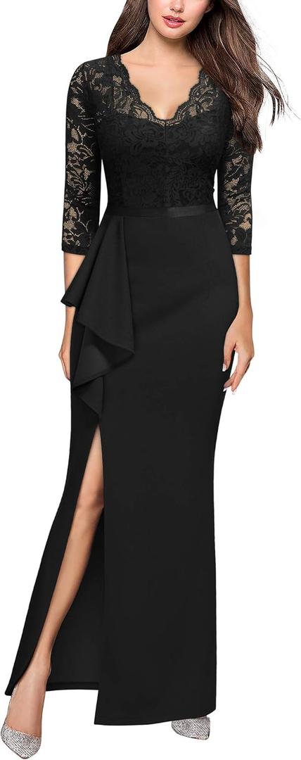 MISSMAY Women's Vintage Floral Lace Ruffle Half Sleeve Evening Party Formal Long Dress (Medium, Black)