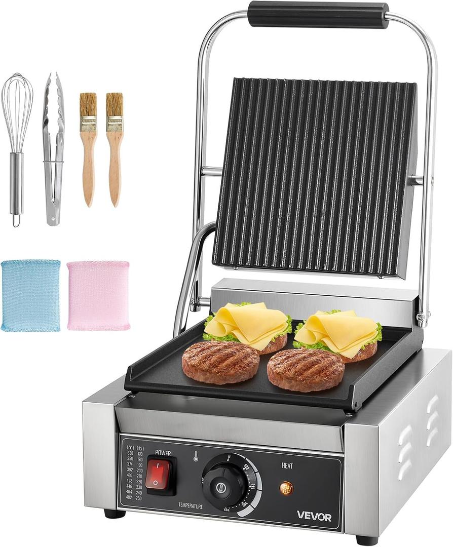 VEVOR Commercial Panini Grill, 1800W Electric Sandwich Panini Maker, Stainless Steel Sandwichs Press Grill with Handle and Temp Control, 8.8x9 in Flat Enamel Plate, for Hamburger Steak Bacon