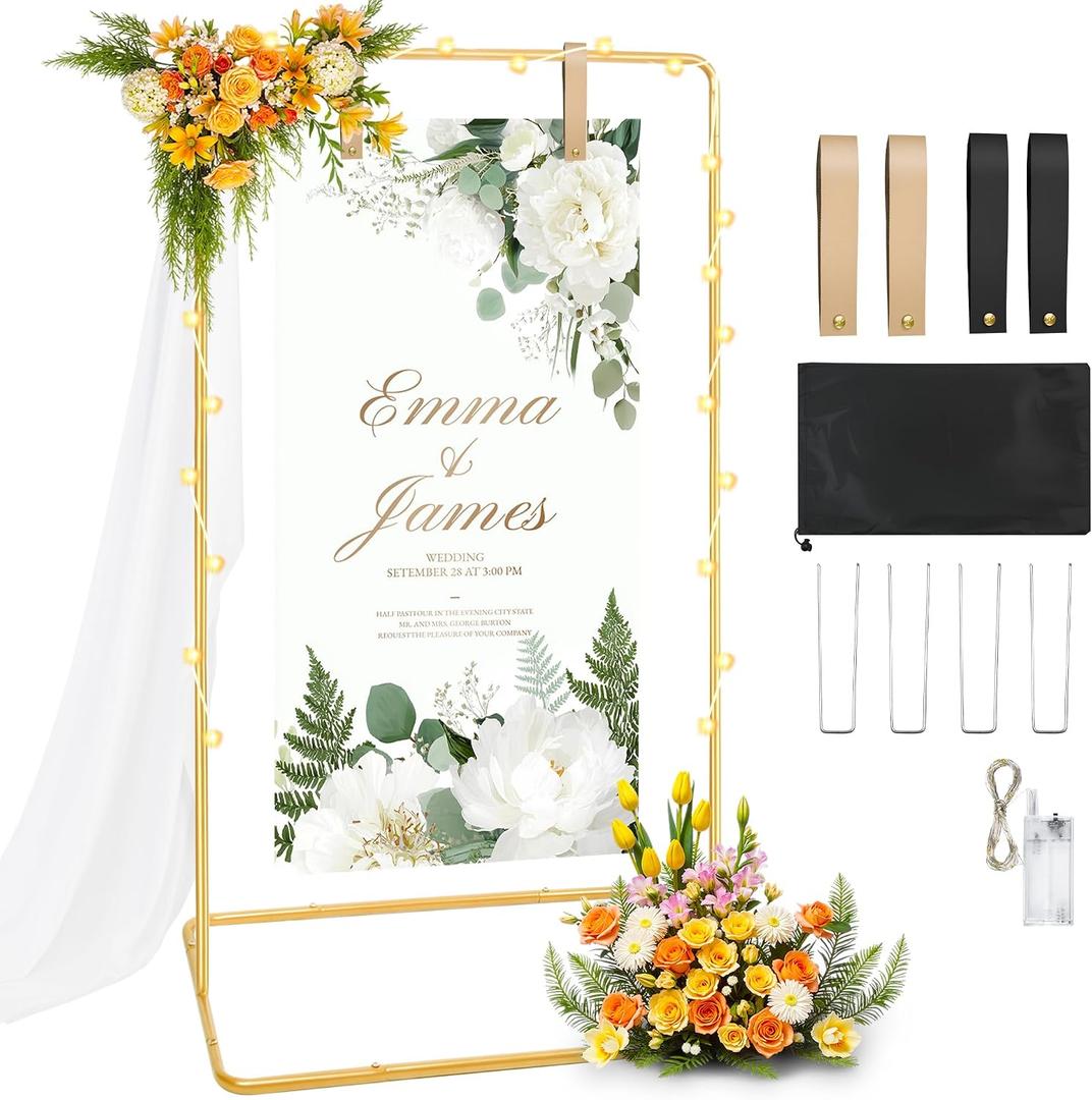 Wedding Welcome Sign Stand, Detachable Gold Easel Stand for Sign & Ground Stakes & Leather Sign Hanging Straps, Sign Holder Stand for Baby Shower, Party, Housewarming