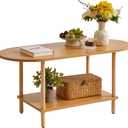 Wooden Tea Table Small Coffee Table, 2 Tier Coffee Table for Living Room, 35x16x17inch TV Table Stand with Storage Shelf Natural Wood Color YD-012N