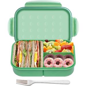 Itopor Leak-Proof Bento Box with Fork, 3-Compartment Wheat Straw Lunch Box for Adults & Teens, BPA-Free Microwave & Dishwasher Safe Lunch Containers, 5.5 Cup, Sage Green
