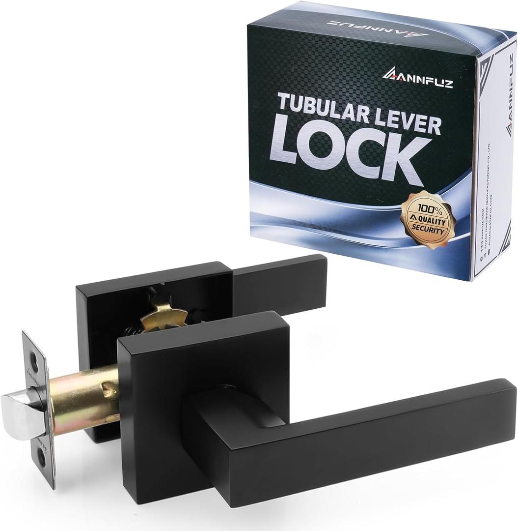 Passage Door Handle Without Key,Square Interior Door Lever for Hallway Closet, Reversible Keyless Lever for Right & Left Side,Heavy Duty Non-Locking Lever Set,Matt Black