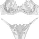 Lilosy Sexy Satin Mesh Floral Sheer Embroidered Underwire Lingerie Set 2 Piece Women (Small, White)