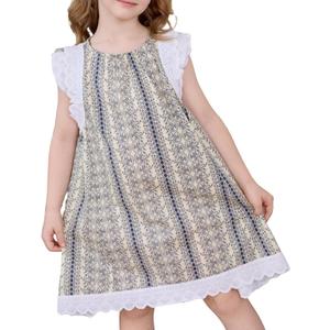 Little Bitty Toddler Girl Dress Cotton Lace Ruffle Sleeve A-line Sleeveless Kids Casual Holiday Party Boho Dresses 3-8 Years (Blue)
