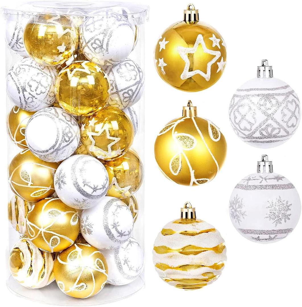 2.36" Christmas Balls Ornaments Set, 30ct Shatterproof Hanging Decorations for Xmas Trees, Holiday Party Decor (Gold White)
