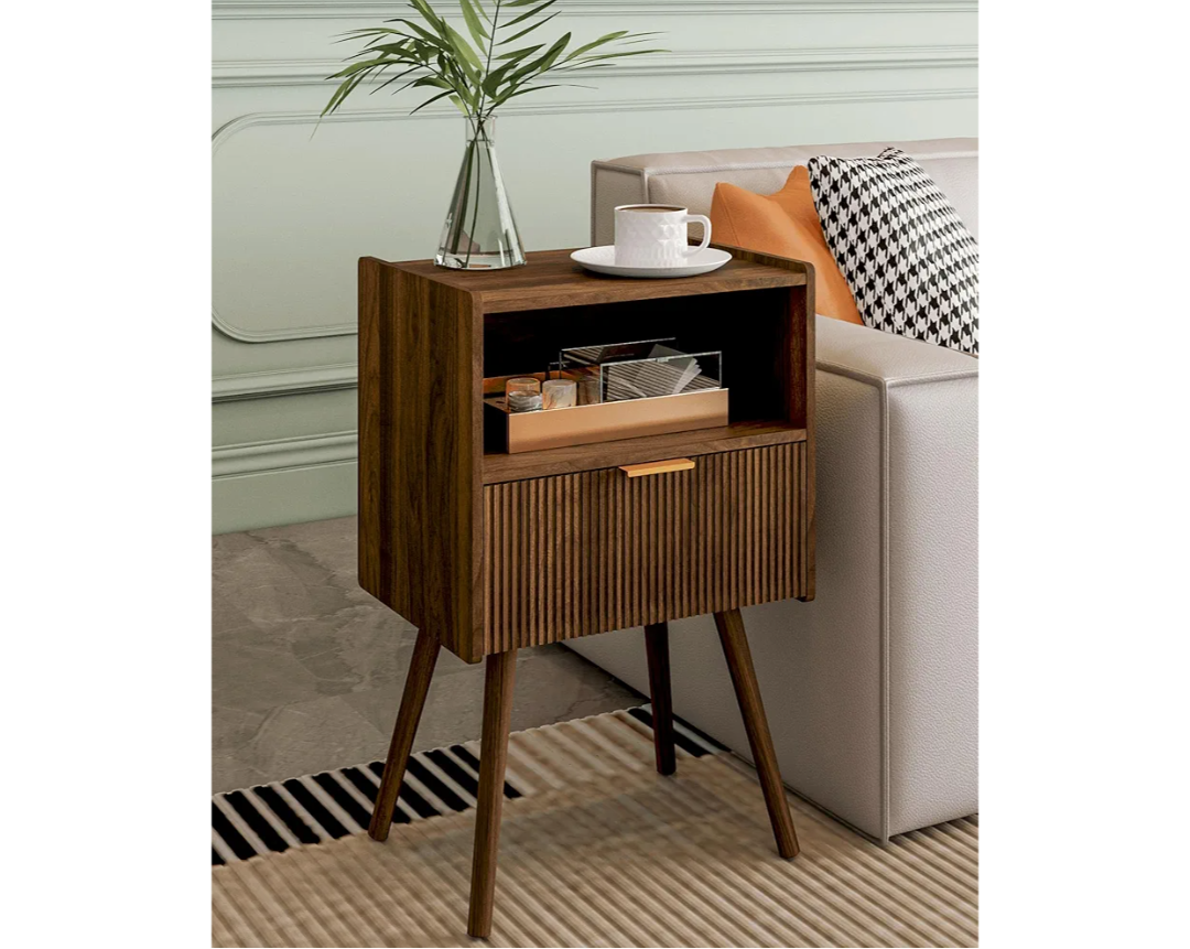 Nightstand,Modern Bedside Table with Storage Drawer and Open Wood Shelf, Accent Night Stand with Solid Wood Legs for Living Room, Bedroom and Small Spaces,Easy Assembly (Walnut Brown)