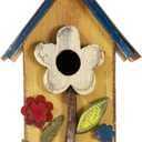 Glitzhome 10.2" H Hanging Bird House for Outdoor Patio Garden Decorative Birdhouse Pet Cottage Distressed Wooden Birdhouse, Yellow Flower