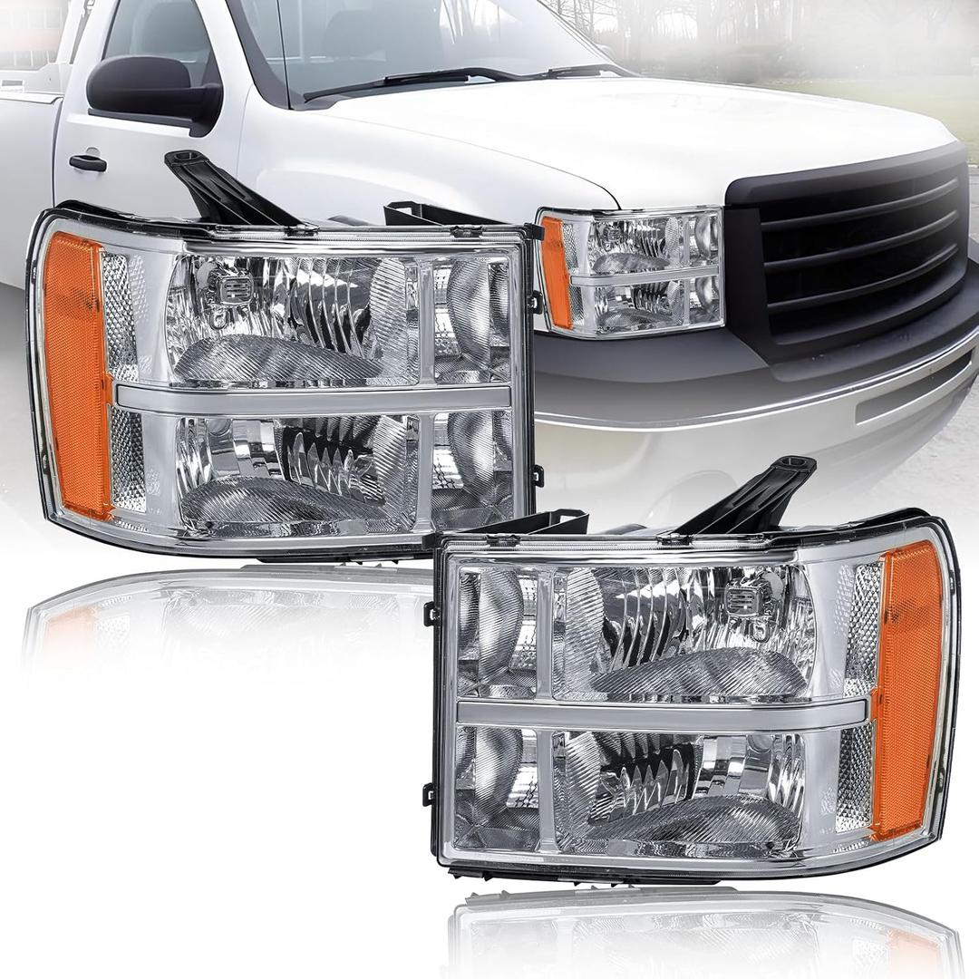 Headlights for 2007-2013 GMC Sierra 1500 2500HD 3500HD 2PC Replacements Front Head Lights Assembly Passenger Side Driver Side Headlamp Amber Reflector Chrome Housing