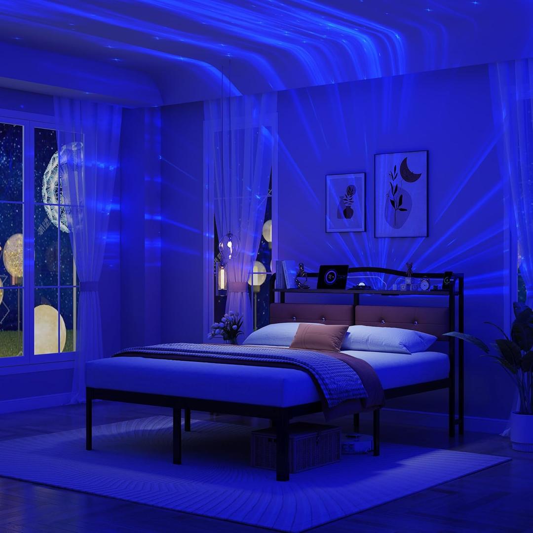 Full Size Bed Frame - Full Bed Frame with Headboard and Galaxy Projection Lights, 18 in Heavy Duty Metal Bed Frame No Box Spring Needed with USB Charging Station- Easy Assembly and Noise Free