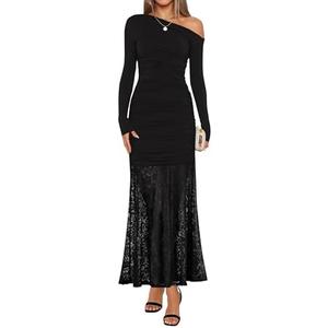 ZESICA Women's Long Sleeve Off Shoulder Bodycon Dresses Fall 2025 Ruched Lace Wedding Guest Cocktail Formal Maxi Dress Black Large