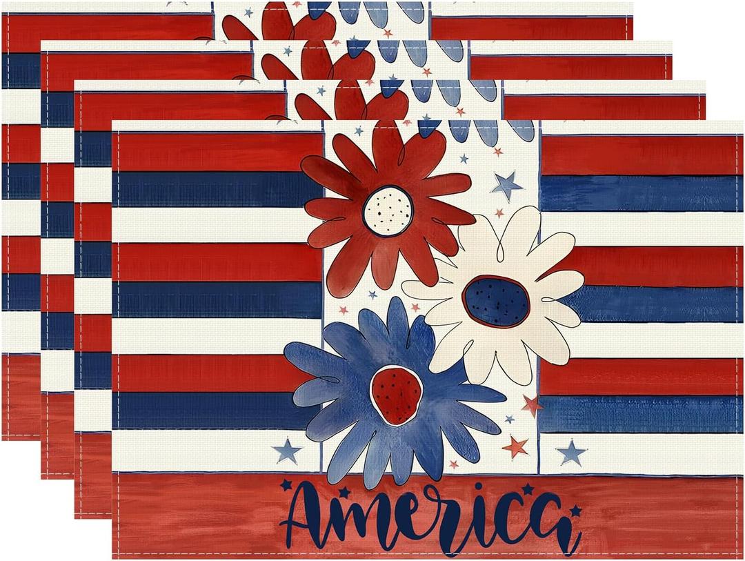 XCHI Watercolor Flowers Patriotic America Stars 4th of July Memorial Day Independence Day Placemats Set of 4 Table Mats Decorations 12x18 Inch