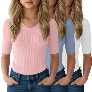 LessonZoo 3 Pack Girls T Shirts  Tween Summer V Neck Cute Fitted Tops Fashion Trendy Basic Tees for Kids(Light Pink, Light Blue, White,7-8 Years)