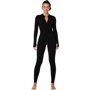 Sunzel Long Sleeve Jumpsuits for Women, Ribbed One Piece Casual Yoga Workout Zip Front Bodycon, Legging Fit & Thumbhole (Large, Black)