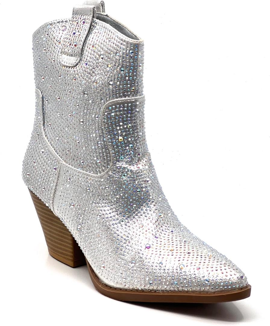 Women's Rhinestone Block Heel Mid Calf Short Ankle Booties Knee High Boots (8)