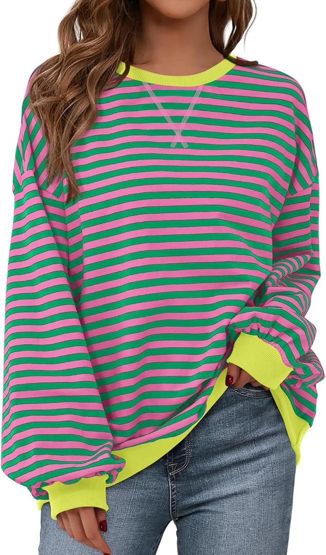 BTFBM Womens Oversized Striped Sweatshirt Crewneck Long Sleeve Pullover Top Casual Y2K Fall Clothes 2025 Workout Shirt (Medium, Pink Green)