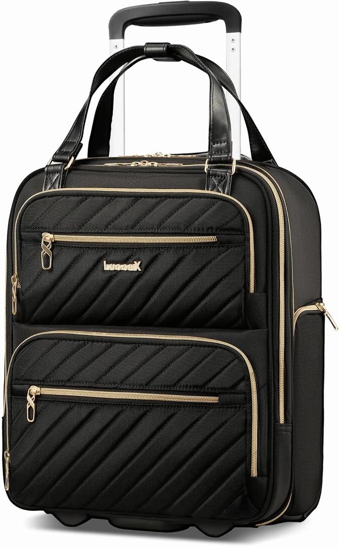 LUGGEX Underseat Carry On Luggage with Wheels, Stylish Lightweight Under Seat Luggage, Soft Sided Personal Item Suitcase for Short Trip (Black, 16 Inch) Black