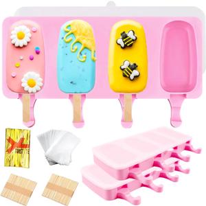 3pcs Large Silicone Popsicle Molds with Lids,4 Cavities Cake Pop Molds,Oval Ice Cream Bar Mold Ice Pop Cakesicle Molds Silicone with 100 Wooden Sticks & 100 Bags &100 Twist Ties(Pink)