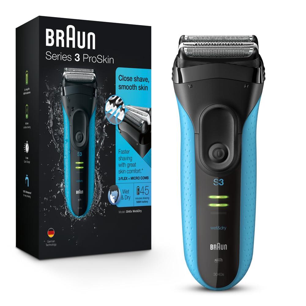 Braun Electric Series 3 Razor with Precision Trimmer, Rechargeable, Wet & Dry Foil Shaver for Men, Blue/Black, 4 Piece (Black)