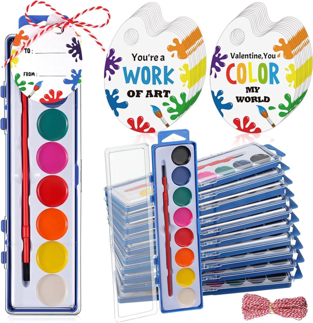 Sabary 24 Pack End of School Year Gift for Student Watercolor Paint Set Bulk with Card and Rope 8 Washable Watercolor Paint with Brush for Last Day of School Classroom Kid Art Party Favor (Round)