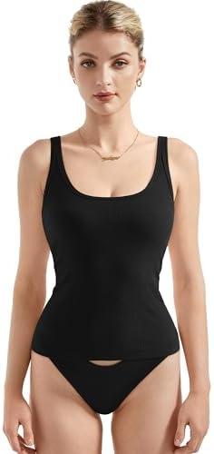 SUUKSESS Women Padded Cotton Ribbed Long Tank Tops 2025 Summer Going Out Basic Scoop Neck Cami Tops size L, Black 