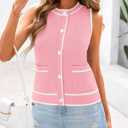 PRETTYGARDEN Vest For Women 2025 Summer Casual Button Down Color Block Sweater Vest Ribbed Knit Tank Tops With Pockets (Pink, L)