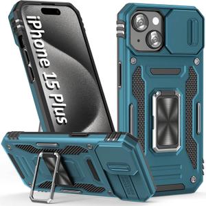 Phone Case for iPhone 15 Plus Case with Camera Lens Cover, with Ring Holder Kickstand, fit Magnetic Car Mount, for iPhone 15 Plus (Light Blue)