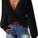 Pink Queen Women's 2025 Casual Pullover Sweaters Sexy V Neck Long Sleeve Twist Knot Cropped Knit Sweater Tops, Black, Small