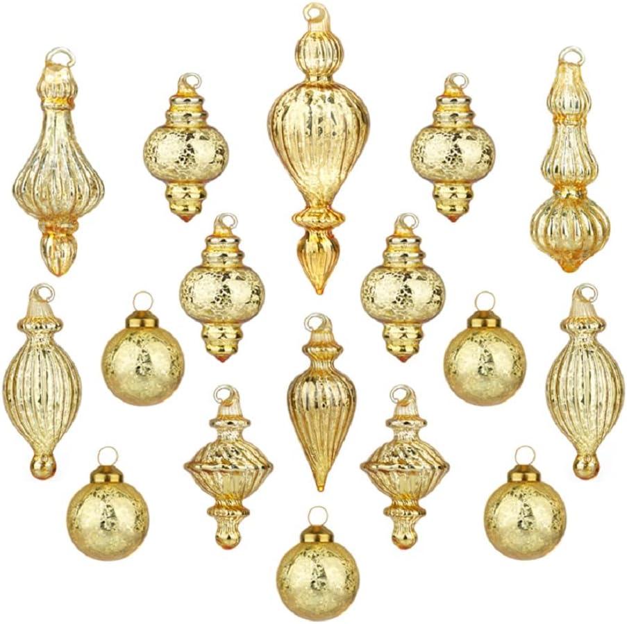Glass Christmas Ball Ornaments Mercury Glass Drop Ornaments Holiday Trees Wreaths & Garland Decor Gold Color Size: 1.57''-5.39''(17 Pieces)
