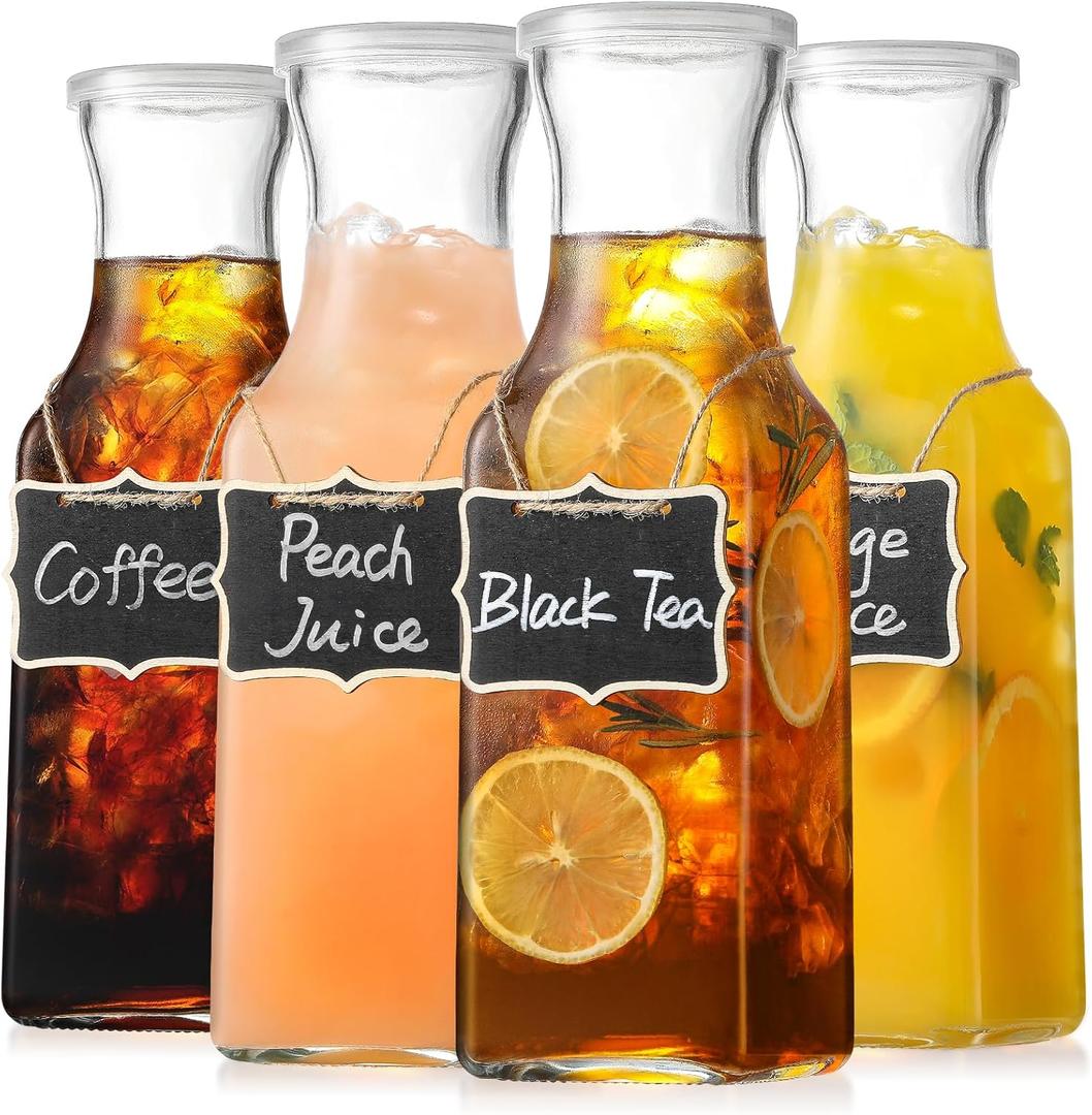 Set of 4 Square Glass Carafe with Lid, 1 Liter Clear Glass Pitcher, Beverage Server ware Carafe for Mimosa Bar, Brunch, Cold Water, Juice, Milk, Iced Tea, Lemonade