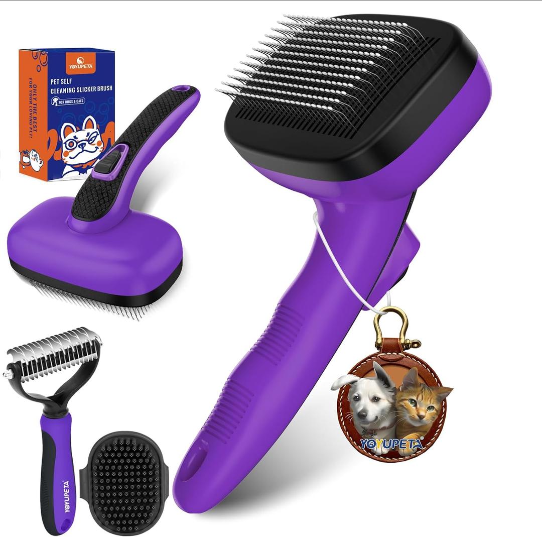 YOYUPETA Dog Brush Kit - Self-Cleaning Slicker Brush with Bath Brush & Undercoat Rake | Deshedding Tools for Large - Small Dogs & Cats, Professional 3-in-1 Pet Grooming Set for Heavy Shedding, Purple