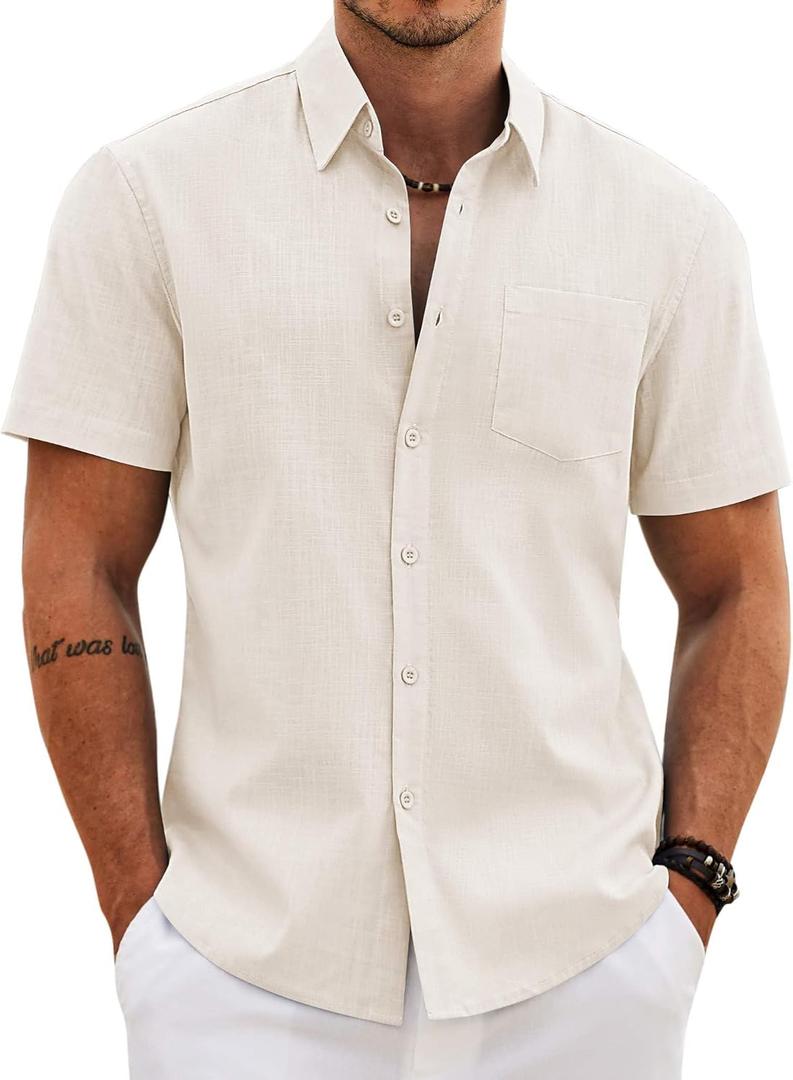 COOFANDY Men's Button Down Short Sleeve Shirt Casual Cotton Summer Beach Wedding Linen Shirts with Pocket, L