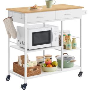 VASAGLE Kitchen Rolling Island, Mobile Kitchen Cart with Storage on Wheels, 17.7 x 38.8 x 35.4 Inches, Towel Rack, 2 Drawers, 2 Hooks, for Dining Room, Oak Beige and Matte White UKKI010Y01