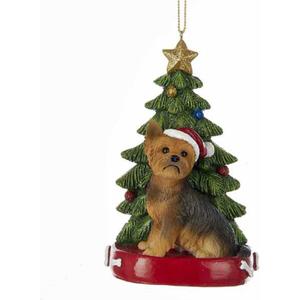Yorkshire Terrier With Christmas Tree Ornament, Resin For Personalization